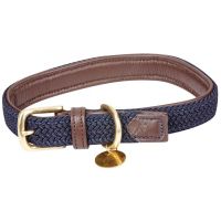WEATHERBEETA LEATHER PLAITED DOG COLLAR BROWN/NAVY
